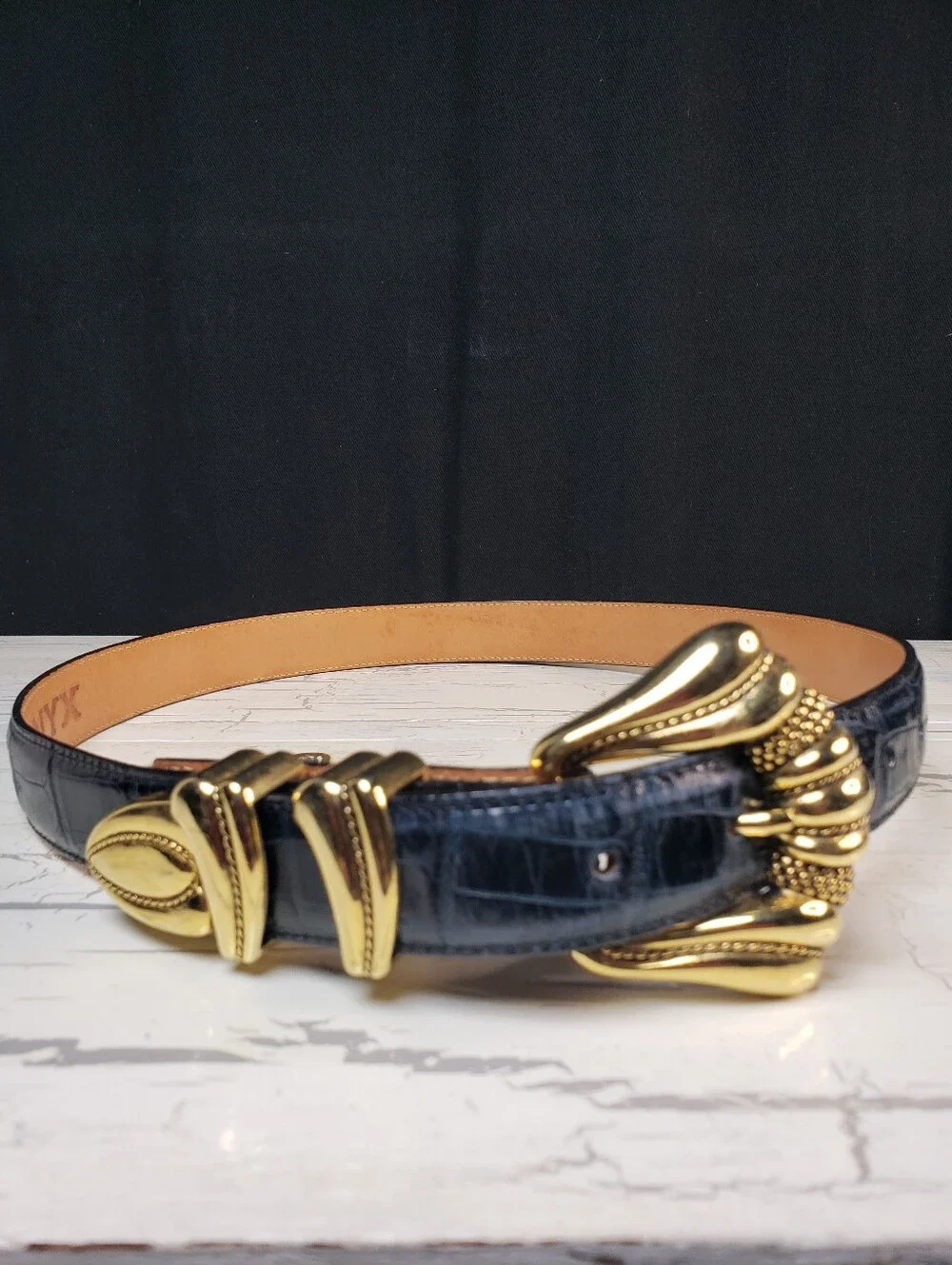Onyx Embossed Crocodile Belt on Genuine Leather in Dark Navy - Women's size 30